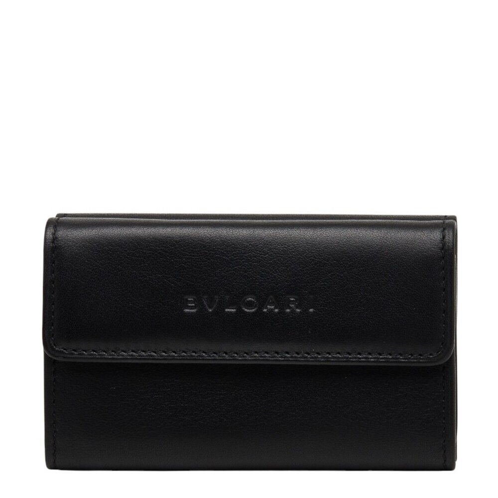 Bulgari Mini Wallet, Tri-fold Double Snap Closure, Black Leather, Women's, BV...